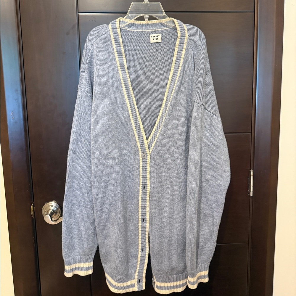 Aritzia Blue and Cream Collegiate Cardigan